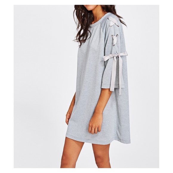 🔥LAST ONEGrey 3/4 Sleeve Lace Up Casual Tee Dress - Picture 3 of 4